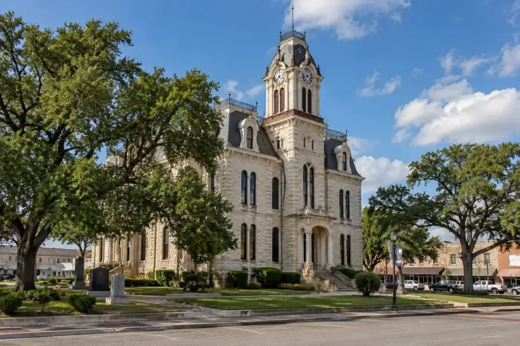 Old Blanco County Courthouse and historic town square in Blanco, Texas