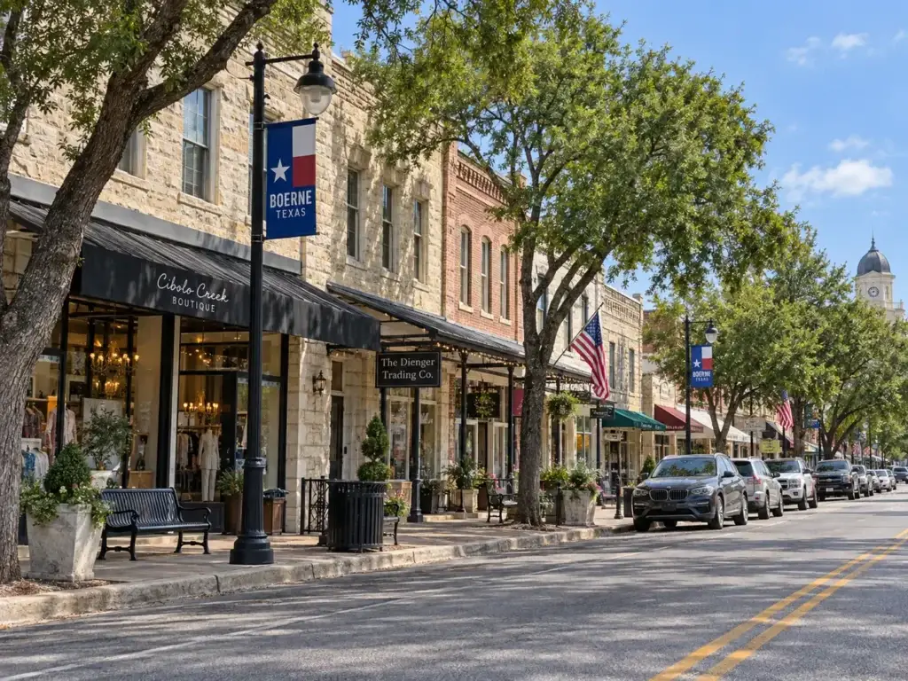 Historic Main Street in Boerne, Texas with Hill Country storefronts and tree-lined sidewalks