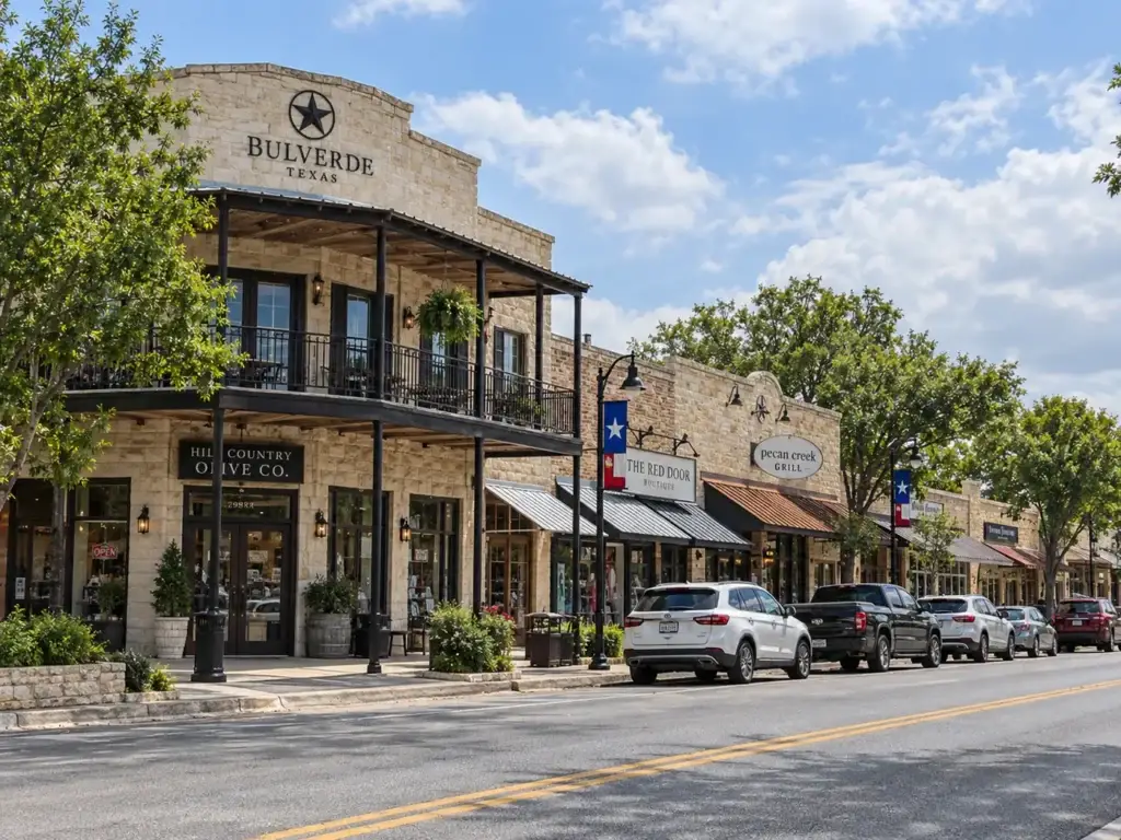 Hill Country-style downtown streetscape in Bulverde, Texas with limestone storefronts