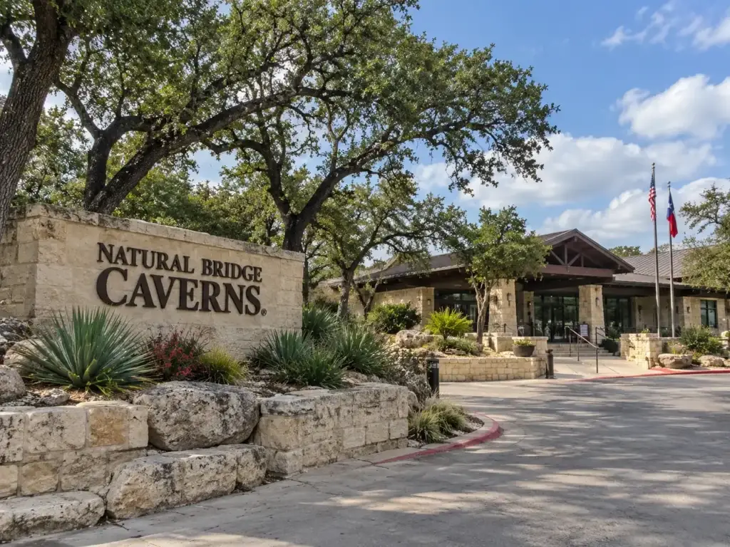 Natural Bridge Caverns entrance near Garden Ridge, Texas surrounded by Hill Country landscaping
