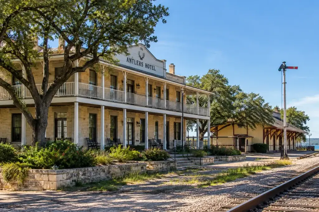 Antlers Hotel and historic railroad district in Kingsland, Texas