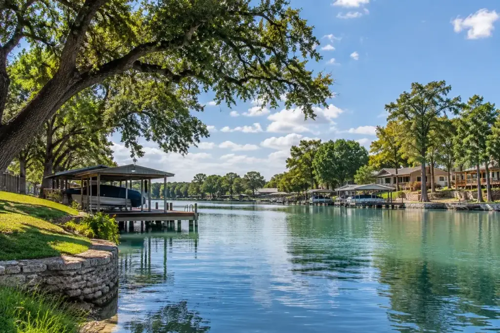 Lake McQueeney, Texas waterfront with docks, homes, and tree-lined shoreline