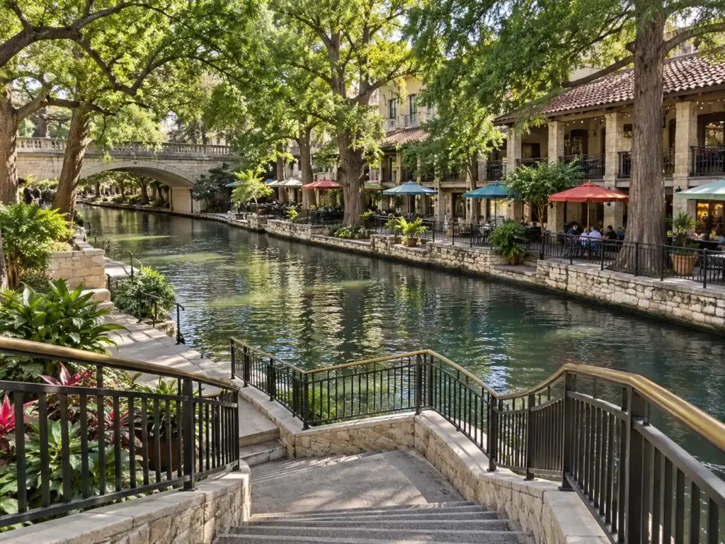 San Antonio River Walk with stone walkways, trees, bridges, and riverside restaurants