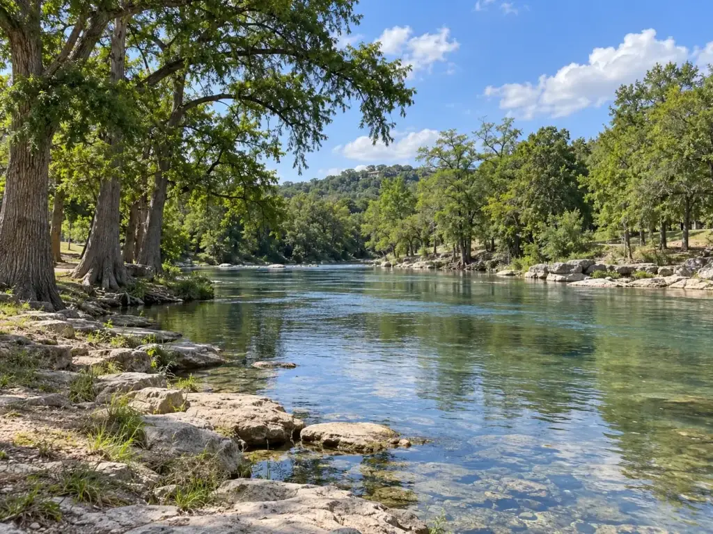 Guadalupe River near Spring Branch, Texas with clear water, limestone banks, and mature trees